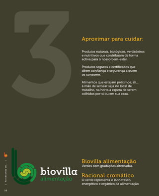 Aproximar para cuidar:

                              Produtos naturais, biológicos, verdadeiros
                              e nutritivos que contribuam de forma
                              activa para o nosso bem-estar.

                              Produtos seguros e certificados que
                              dêem confiança e segurança a quem
                              os consome.

                              Alimentos que estejam próximos, ali...
                              à mão de semear seja no local de
                              trabalho, na horta à espera de serem
                              colhidos por si ou em sua casa.




                              Biovilla alimentação
|
A c red i ta m o s em . . .




                              Verdes com gradações alternadas.


                              Racional cromático
                              O verde representa o lado fresco,
                              energético e orgânico da alimentação
|




16
 