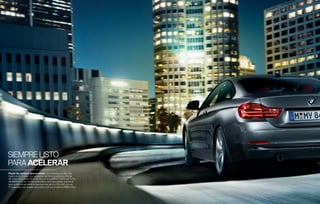 SIEMPRE LISTO
PARA ACELERAR
Placer de conducir que se siente. La carretera a la vista y las
manos en el volante. Los ocupantes sienten el poderoso empuje
del motor de gasolina de  cilindros en línea BMW TwinPower Turbo
del BMW i con cambio automático de  velocidades (opcional)
que cumple eﬁcazmente lo que promete: de  a  km/h en solo
, segundos, que quedan reducidos a , con el sistema BMW xDrive.

 