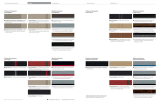 Variantes de equipamiento

Colores

Equipamiento

Molduras interiores
Línea Modern

Colores de la tapicería
Línea Modern

 Combinación de tela y cuero Breeze CBDH
Oyster Cuadro de instrumentos, revestimiento de puertas y

Datos técnicos

 Cuero Dakota LCL Oyster con acentuación
Oyster oscuro Cuadro de instrumentos, revestimiento de

BMW Service

Colores de la tapicería
Línea Luxury

Molduras interiores
Línea Luxury

 Combinación de tela y cuero Breeze CBOP
Oyster Cuadro de instrumentos, revestimiento de puertas y
alfombrilla en Schwarz

 DZ/DM Pearl oscuro con molduras decorativas
Perlglanz cromadas

 Cuero Dakota LCLZ Schwarz con costura
exclusiva

 CE/DM Madera noble Fineline Anthrazit con
molduras decorativas Perlglanz cromadas

 AD/DM Aluminio con rectiﬁcado longitudinal
con molduras decorativas Perlglanz cromadas

 Cuero Dakota LCLY Venetobeige con costura
exclusiva

 B/DM Madera noble de raíz de nogal con
inserciones con molduras decorativas Perlglanz
cromadas

 DD/DM Madera noble Fineline Pur, estructurada,
con molduras decorativas Perlglanz cromadas

alfombrilla en Oyster

 Cuero Dakota LCLX Sattelbraun con costura
exclusiva Cuero ampliado con la parte inferior de cuadro de

 EZ/DM Madera noble de fresno veteado con
inserciones metálicas, molduras decorativas
Perlglanz cromadas

puertas y alfombrilla en Oyster

 Cuero Dakota LCOM Oyster con acentuación
Oyster oscuro Cuadro de instrumentos, revestimiento de
puertas y alfombrilla en Schwarz

instrumentos en cuero Dakota Sattelbraun

 CE/DM Madera noble Fineline Anthrazit con
molduras decorativas Perlglanz cromadas

Colores de la tapicería
Línea Sport

 Tela Track BEL Anthrazit con acentuación Rot

Molduras interiores
Línea Sport

 Cuero Dakota LCL Korallrot con acentuación
Schwarz Cuero ampliado con la parte inferior de cuadro de

Colores de la tapicería
Paquete deportivo M

 AT/DN Schwarz de brillo intenso con molduras
decorativas Korallrot mate

 Combinación de tela Hexagon y Alcántara
HAAT Anthrazit 

Molduras interiores
Paquete deportivo M

 Cuero Dakota LCDF Venetobeige

 MR/DX Aluminium Hexagon con molduras
decorativas Estorilblau mate 

instrumentos en cuero Dakota Korallrot

 Tela Track BEL Anthrazit con acentuación Grau

 Cuero Dakota LCL Schwarz con acentuación
Rot

 AD/DN Aluminio con rectiﬁcado longitudinal
con molduras decorativas Korallrot mate

 Cuero Dakota LCSW Schwarz

 MR/DL Aluminium Hexagon con molduras
decorativas Schwarz de brillo intenso 

 Cuero Dakota LCOM Oyster con acentuación
Oyster oscuro Parte inferior del cuadro de instrumentos y

 AD/DL Aluminio con rectiﬁcado longitudinal con
molduras decorativas Schwarz de brillo intenso

 Cuero Dakota LCL Korallrot, acentuación
Schwarz Cuero ampliado con la parte inferior de cuadro de

 AD/DL Aluminio con rectiﬁcado longitudinal con
molduras decorativas Schwarz de brillo intenso

paneles de las puertas en Schwarz

instrumentos en cuero Dakota Korallrot

1

Disponible probablemente a partir del º trimestre de .
Disponible probablemente a partir de noviembre de .
³ Solo en combinación con el Paquete deportivo M.

 Cuero Dakota LCSW Schwarz

50 51 Tapicerías y molduras interiores

2

 Equipamiento de serie

 Equipamiento opcional

 AB/DM Madera noble de raíz de nogal con
molduras decorativas Perlglanz cromadas

 