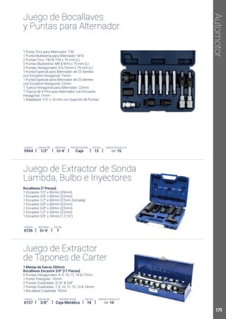 Juego de Extractor de Sonda
Lambda, Bulbo e Inyectores
Bocallaves [7 Piezas]:
CÓDIGO
6726
PIEZAS
7
MATERIAL
Cr-V
Juego de Bocallaves
y Puntas para Alternador
PIEZAS
13
CÓDIGO
5904
PRESENTACIÓN
Caja
ENCASTRE
1/2”
MATERIAL
Cr-V
UNIDAD POR BULTO
15
Juego de Extractor
de Tapones de Carter
1 Manija de fuerza 200mm
Bocallaves Encastre 3/8” [17 Piezas]:
PRESENTACIÓN
Caja Metálica
CÓDIGO
6727
PIEZAS
18
ENCASTRE
3/8”
UNIDAD POR BULTO
10
Automotor
179
 