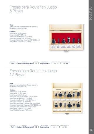 Insumos
Fresas para Router en Juego
6 Piezas
ENCASTRE
7618
MATERIAL
Carburo de Tungsteno
PIEZAS
6
PRESENTACIÓN
Caja madera
UNIDAD POR CAJA
1
UNIDAD POR BULTO
50
Usos
Contiene
Fresas para Router en Juego
12 Piezas
ENCASTRE
7619
MATERIAL
Carburo de Tungsteno
PIEZAS
12
PRESENTACIÓN
Caja madera
UNIDAD POR CAJA
1
UNIDAD POR BULTO
20
Usos
Contiene
253
 