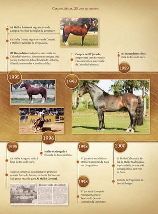 Cabanha Malke, 25 anos de história




AS Malke Baioneta sagra-se Grande
Campeã e Melhor Exemplar da Expointer.


AS Malke Daluza sagra-se Grande Campeã
e Melhor Exemplar de Uruguaiana.


 BT Hospedeiro é adquirido no remate da                      Compra de BT Jurado,              BT Hospedeiro é fina-
 Cabanha Paineiras, junto com os amigos João                 em parceria com Fernando          lista do Freio de Ouro.
 Juracy Canterelli, Eduardo Macedo Linhares,                 Faria de Correa, no remate
 Olavo Epaminondas e Venâncio Silva.                         da Cabanha Paineiras.
                                                                                             1999

1995
                                                    1997




                             1996
1995                                                            1998                       2000
                               Malke Madrugada é
                               finalista do Freio de Ouro.
AS Malke Aragano volta à                                         BT Jurado é escolhido o   AS Malke Calhandra, Fi-
final do Freio de Ouro.                                          Melhor Exemplar da Raça   lha de Malke Madrugada,
                                                                 em Uruguaiana.            repete o feito de sua mãe
                                                                                           e chega a final do Freio
 Sucesso comercial da cabanha no primeiro                                                  de Ouro.
 remate Potro do Futuro, em Santa Bárbara do
 Sul: preço recorde para AS Malke Coronel.
                                                                1998                       Compra de Vagalume de
                                                                                           Santa Edwiges.

                                                                 BT Jurado é Campeão
                                                                 Potranco Menor e
                                                                 Reservado Grande
                                                                 Campeão da Expointer.
 