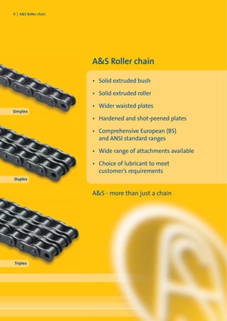 9 I AS Roller chain
AS Roller chain
• Solid extruded bush
• Solid extruded roller
• Wider waisted plates
• Hardened and shot-peened plates
• Comprehensive European (BS)
and ANSI standard ranges
• Wide range of attachments available
• Choice of lubricant to meet
customer’s requirements
AS - more than just a chain
Simplex
Duplex
Triplex
 