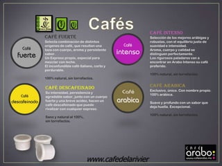 CAFÉ INTENSO
CAFÉ FUERTE                                    Selección de los mejores arábigas y
Selecta combinación de distintos               robustas, con el equilibrio justo de
orígenes de café, que resultan una             suavidad e intensidad.
taza con cuerpo, aroma y persistente           Aroma, cuerpo y calidad se
sabor.                                         distinguen perfectamente.
Un Expreso propio, especial para               Los rigurosos paladares van a
mezclar con leche.                             encontrar en Arabo Intenso su café
El inconfundible café italiano, corto y        preferido.
perdurable.
                                               100% natural, sin torrefactos.
100% natural, sin torrefactos.

CAFÉ DESCAFEINADO                              CAFÉ ARABICA
                                               Exclusivo, único. Con nombre propio.
Su intensidad, persistencia y
                                               100% arábica.
agradable sabor, junto con un cuerpo
fuerte y una breve acidez, hacen un
                                               Suave y profundo con un sabor que
café descafeinado que puede
                                               deja huella. Excepcional.
rivalizar con cualquier expreso.
                                               100% natural, sin torrefactos.
Sano y natural al 100%,
sin torrefactos.




                          www.cafedelarivier
 