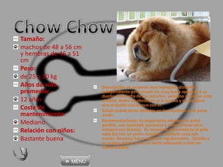 Tamaño:
machos de 48 a 56 cm
y hembras de 46 a 51
cm
Peso:
de 25 a 30 kg
Años de vida
promedio:
12 años
Coste de
mantenimiento:
Mediano
Relación con niños:
Bastante buena
Descripción: es un perro muy tranquilo, distante e
independiente pero puede ser muy leal y apegado a su
dueño. Desconfía de los extraños, valeroso y estoico ante
el dolor. Antes de obedecer se lo piensa y no perdona
que el dueño sea brusco con él.
Salud: puede tener defectos en los hombros se le pone
arnés.
Recomendaciones: Es importante educarlo lo antes
posible, con suavidad, paciencia y comprensión pero
siempre con firmeza. Es necesario desenredarle el pelo
cada día con un peine metálico y bañarlo cada seis
meses. Necesita hacer ejercicio regularmente. Debido a
su espeso pelaje no es un perro adecuado a vivir en
climas cálidos.
 