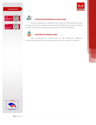 5 | P á g i n a
CAPACITACIÓN ORIENTADA A RESULTADOS
Nuestros programas se distinguen por orientar de modo objetivo la acción
de capacitación a los resultados esperados por la Organización, caracterizándonos
por defi-nir Objetivos de Aprendizaje: Pertinentes, Viables y Medibles.
RELATORES DE PRIMERA LÍNEA
Staff constituido por profesionales de alta calificación académica,
reconocida trayectoria laboral y vasta experiencia como docentes y relatores.
Capacitación
 
