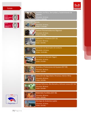 7 | P á g i n a
Estallidos de Roca, Derrumbes y Sostenimiento de
Labores
•Duración: 16 Horas
•Valor: $ 180.000.-
Evita
•Duración: 16 Horas
•Valor: $ 170.000.-
Examen Psicosensotecnico Riguroso
•Duración: 05 Horas
•Valor: $ 18.000.-
Explosivos y Tronaduras (ECF 10)
•Duración: 08 Horas
•Valor: $20.000.-
Formación de Obversador de Conducta
•Duración: 16 Horas
•Valor: $120.000.-
Formación de Operador Riggers
•Duración: 16 Horas
•Valor: $70.000.-
Guardas y Protecciones de Equipos (ECF 08)
•Duración: 08 Horas
•Valor: $20.000.-
Inducción de Seguridad a Personal, Interior Mina
•Duración: 08 Horas
•Valor: $20.000.-
Manejo Defensivo, Alta Montaña y Vehículo Liviano (ECF 04)
•Duración: 08 Horas
•Valor: $20.000.-
Materiales Fundidos (ECF 06)
•Duración: 08 Horas
•Valor: $20.000.-
Montaje de Andamios Layher
•Duración: 16 Horas
•Valor: $50.000.-
Cursos
 