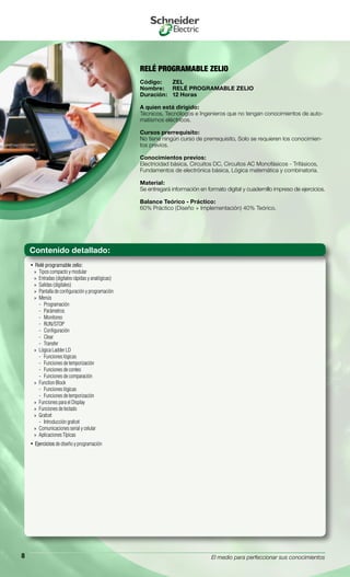 El medio para perfeccionar sus conocimientos8
Relé programable zelio:• 
Tipos compacto y modular»»
Entradas (digitales rápidas y analógicas)»»
Salidas (digitales)»»
Pantalla de configuración y programación»»
Menús»»
Programación--
Parámetros--
Monitoreo--
RUN/STOP--
Configuración--
Clear--
Transfer--
Lógica Ladder LD»»
Funciones lógicas--
Funciones de temporización--
Funciones de conteo--
Funciones de comparación--
Function Block»»
Funciones lógicas--
Funciones de temporización--
Funciones para el Display»»
Funciones de teclado»»
Grafcet»»
Introducción grafcet--
Comunicaciones serial y celular»»
Aplicaciones Típicas»»
Ejercicios•  de diseño y programación
RELÉ PROGRAMABLE ZELIO
Código:	 ZEL
Nombre:	 RELÉ PROGRAMABLE ZELIO
Duración:	 12 Horas
A quien está dirigido:
Técnicos, Tecnólogos e Ingenieros que no tengan conocimientos de auto-
matismos eléctricos.
Cursos prerrequisito:
No tiene ningún curso de prerrequisito, Solo se requieren los conocimien-
tos previos.
Conocimientos previos:
Electricidad básica, Circuitos DC, Circuitos AC Monofásicos - Trifásicos,
Fundamentos de electrónica básica, Lógica matemática y combinatoria.
Material:
Se entregará información en formato digital y cuadernillo impreso de ejercicios.
Balance Teórico - Práctico:
60% Práctico (Diseño + Implementación) 40% Teórico.
Contenido detallado:
 