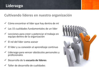 Liderazgo

Cultivando líderes en nuestra organización

 Cómo encontrar el líder que hay dentro de mí
 Las 15 cualidades fundamentales de un líder
 Lecciones para creer y potenciar el trabajo en
  equipo dentro de la organización
 El rol del líder como asesor
 El líder y su conexión al aprendizaje continuo
 Liderazgo para vencer obstáculos personales y
  profesionales
 Desarrollo de la escuela de líderes
 Taller de desarrollo de cualidades
 