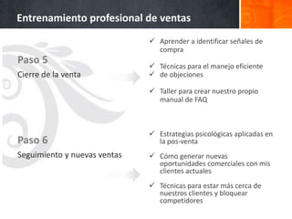 Entrenamiento profesional de ventas
                               Aprender a identificar señales de
                                compra
Paso 5                         Técnicas para el manejo eficiente
Cierre de la venta             de objeciones

                               Taller para crear nuestro propio
                                manual de FAQ



                               Estrategias psicológicas aplicadas en
Paso 6                          la pos-venta
Seguimiento y nuevas ventas    Cómo generar nuevas
                                oportunidades comerciales con mis
                                clientes actuales
                               Técnicas para estar más cerca de
                                nuestros clientes y bloquear
                                competidores
 