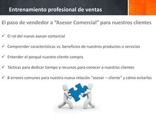 Entrenamiento profesional de ventas

El paso de vendedor a “Asesor Comercial” para nuestros clientes

 El rol del nuevo asesor comercial

 Comprender características vs. beneficios de nuestros productos o servicios

 Entender el porqué nuestro cliente compra

 Tácticas para dedicar tiempo y recursos para conocer a nuestros clientes

 8 errores comunes para nuestra nueva relación “asesor – cliente” y cómo evitarlos
 
