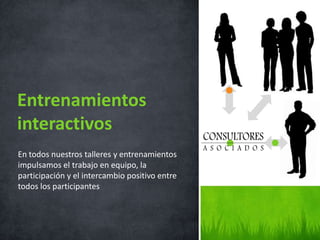 Entrenamientos
interactivos
En todos nuestros talleres y entrenamientos
impulsamos el trabajo en equipo, la
participación y el intercambio positivo entre
todos los participantes
 