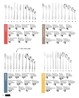 1 2 3 4 5 6 7 8 9 10 11
5. Conj. 2 Facas
Churrasco
ref.: 5521813
€
5
1. Conj. 2
Garfos Mesa
ref.: 5521766
€
5
6. Conj. 2
Facas Peixe
ref.: 5522295
€
5
3. Conj. 2 Garfos
Sobremesa
ref.: 5521790
€
4
7. Conj. 2 Facas
Sobremesa
ref.: 5521783
€
4
2. Conj. 2
Garfos Peixe
ref.: 5521805
€
5
9. Conj. 2 Colheres
Sobremesa
ref.: 5521770
€
4
10. Conj. 2
Colheres Chá
ref.: 5521786
€
3
11. Conj. 2
Colheres Café
ref.: 5521794
€
3
4. Conj. 2
Facas Mesa
ref.: 5521781
€
5
8. Conj. 2
Colheres Mesa
ref.: 5521771
€
5
1 2 3 4 5 6 7 8 9 10 11
5. Conj. 2 Facas
Churrasco
ref.: 5531099
€
5
1. Conj. 2
Garfos Mesa
ref.: 5531105
€
5
6. Conj. 2
Facas Peixe
ref.: 5531121
€
5
3. Conj.
2 Garfos
Sobremesa
ref.: 5531109
€
4
7. Conj. 2 Facas
Sobremesa
ref.: 5531107
€
4
2. Conj. 2
Garfos Peixe
ref.: 5531123
€
5
8. Conj. 3
Colheres Mesa
ref.: 5531102
€
5
9. Conj. 2
Colheres Sobremesa
ref.: 5531111
€
4
10. Conj. 2
Colheres Chá
ref.: 5531108
€
3
11. Conj. 2
Colheres Café
ref.: 5531106
€
3
4. Conj. 2
Facas Mesa
ref.: 5531100
€
5
1 2 3 4 5 6 7 8 9 10 11
5. Conj. 2 Facas
Churrasco
ref.: 5528576
€
3
1. Conj. 2
Garfos Mesa
ref.: 5528461
€
3
6. Conj. 2
Facas Peixe
ref.: 5528505
€
3
3. Conj.
2 Garfos
Sobremesa
ref.: 5528496
€
2,50
7. Conj. 2 Facas
Sobremesa
ref.: 5528503
€
3
2. Conj. 2
Garfos Peixe
ref.: 5528574
€
3
8. Conj. 2
Colheres Mesa
ref.: 5528467
€
3
9. Conj. 2
Colheres Sobremesa
ref.: 5528497
€
2,50
10. Conj. 2
Colheres Chá
ref.: 5528501
€
2
11. Conj. 2
Colheres Café
ref.: 5528499
€
2
4. Conj. 2
Facas Mesa
ref.: 5528460
€
3
ideal para carne
10 111 2 3 4 5 6 7 8 9
5. Conj. 2 Facas
Churrasco
ref.: 5528436
€
2
1. Conj. 2
Garfos Mesa
ref.: 5528352
€
1,50
6. Conj. 2
Facas Peixe
ref.: 5528439
€
1,50
3. Conj. 2 Garfos
Sobremesa
ref.: 5528365
€
1,25
7. Conj. 2 Facas
Sobremesa
ref.: 5528423
€
1,50
2. Conj. 2
Garfos Peixe
ref.: 5528442
€
1,50
9. Conj. 2 Colheres
Sobremesa
ref.: 5528418
€
1,25
10. Conj. 2
Colheres Chá
ref.: 5528430
€
1
11. Conj. 2
Colheres Café
ref.: 5528432
€
1
4. Conj. 2
Facas Mesa
ref.: 5528421
€
2
8. Conj. 2
Colheres Mesa
ref.: 5528358
€
1,50
ChromolitE
LisboNCRown
GOA
38 MESA
 