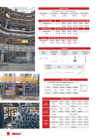 Acessórios
Degrau
2,40 Kg
Guarda-corpo
com degrau
6,00 Kg
Guarda-corpo
sem degrau
3,60 Kg
Base fixa
0,40 Kg
Base ajustável
4,00 Kg
Escada de
acesso
11,40 Kg
Poste Travessa Diagonal
Plataforma e Pisos
Pisos
Metálicos
Comprimento 1,00 m 1,50 m 1,80 m 2,10 m 2,40 m
Peso 9,60 Kg 14,00 Kg 16,00 Kg 18,00 Kg 20,00 Kg
Largura 30,00 cm
Pisos de
Alumínio
Comprimento 1,50 m 2,00 m 2,50 m 3,00 m -
Peso 5,40 Kg 7,20 Kg 9,00 Kg 10,80 Kg -
Largura 20,00 / 28,50 cm
Pranchão
de
Madeira
Comprimento 0,75 m 1,00 m 1,25 m 1,50 m 1,75 m
Peso 7,50 Kg 10,00 Kg 12,50 Kg 15,00 Kg 17,50 Kg
Comprimento 2,00 m 2,25 m 2,50 m 2,75 m 3,00 m
Peso 20,00 Kg 22,50 Kg 25,00 Kg 27,50 Kg 30,00 Kg
Largura 30,00 cm
Diagonal Vertical
Contraventamento lateral com pino de engate
Comprimento 1,50 x 2,00 m 1,80 x 2,00 m 2,10 x 2,00 m 2,40 x 2,00 m
Peso 9,88 Kg 11,10 Kg 12,80 Kg 14,50 Kg
Postes com Espiga - PS100 PS150 PS200 PS250 PS300
Comprimento - 1,00 m 1,50 m 2,00 m 2,50 m 3,00 m
Peso - 5,55 Kg 8,05 Kg 10,45 Kg 13,20 Kg 15,65 Kg
Postes sem Espiga P05S P10S P15S P20S - -
Comprimento 0,50 m 1,00 m 1,50 m 2,00 m - -
Peso 2,40 Kg 4,65 Kg 7,15 Kg 9,70 Kg
Travessa TS105 TS150 TS180 TS210 TS240
Comprimento 1,05 m 1,50 m 1,80 m 2,10 m 2,40 m
Peso 4,40 Kg 6,10 Kg 7,20 Kg 8,05 Kg 9,80 Kg
Treliça Metálica
Ideal sobre interferências e grandes vãos livres
Facilidade e rapidez de montagem
Tipo TMM 240 TMM 360 TMM 480 TMM 600
Comprimento 2,40 m 3,60 m 4,80 m 6,00 m
Peso 34,00 Kg 40,00 Kg 48,00 Kg 55,00 Kg
20
 
