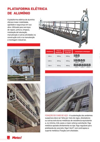 Plataforma ELÉTRICA
de alumínio
Plataforma
Peso da
Plataforma
Capacidade/
Carga Útil
Composição da Montagem
2,50 m 260 kg 630 kg
5,00 m 304 kg 495 kg
7,50 m 352 kg 360 kg
2,50 m
2,50 m2,50 m2,50 m
2,50 m 2,50 m
FIXAÇÃO DO CABO DE AÇO - A sustentação dos andaimes
suspensos deve ser feita por meio de vigas, afastadores
ou outras estruturas metálicas de resistência equivalente
a, no mínimo, três vezes o maior esforço solicitante: Viga
metálica apoiada diretamente na laje; Viga regulável para
platibanda de concreto; Viga I de 6” com contrapeso e
suporte metálico; Fixação com afastador.
A plataforma elétrica de alumínio
oferece maior mobilidade,
agilidade e segurança em sua
obra. Utilizado para serviços
de reparo, pintura, limpeza,
instalação de tubulação,
manutenção e outras atividades na
construção civil e na manutenção
e montagem industrial.
22
 