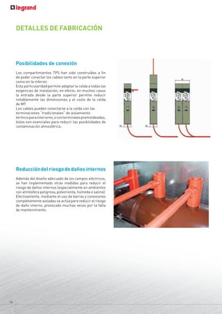 DETALLES DE FABRICACIÓN
Posibilidades de conexión
Los compartimientos TPS han sido construídos a fin
de poder conectar los cables tanto en la parte superior
como en la inferior.
Esta particularidad permite adaptar la celda a todas las
exigencias de instalación; en efecto, en muchos casos
la entrada desde la parte superior permite reducir
notablemente las dimensiones y el costo de la celda
de MT.
Los cables pueden conectarse a la celda con las
terminaciones “tradicionales” de aislamiento
térmicoparainteriores,oconterminalespremoldeadas;
éstos son esenciales para reducir las posibilidades de
contaminación atmosférica.
Reduccióndelriesgodedañosinternos
Además del diseño adecuado de los campos eléctricos,
se han implementado otras medidas para reducir el
riesgo de daños internos (especialmente en ambientes
con atmósfera peligrosa, polvorienta, húmeda o salina).
Efectivamente, mediante el uso de barras y conexiones
completamente aisladas se actúa para reducir el riesgo
de daño interno, provocado muchas veces por la falta
de mantenimiento.
14
 