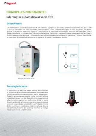 18
Interruptor automático al vacío TCB
PRINCIPALES COMPONENTES
Generalidades
Los interruptores en vacío de la serie TCB son sistemas bajo presión sellados y garantizados (Normas IEC 62271-100
y CEI 17/1) fabricados con polos separados, cada uno de los cuales contiene una cubeta en vacío recubierta con resina,
gracias a un proceso productivo especial. Esto garantiza la protección del elemento principal del interruptor contra
golpes, fenómenos de condensación y acumulación de polvo, y asegura la resistencia frente al impulso atmosférico en la
superficie exterior de la cubeta. La transmisión del movimiento se logra mediante un eje central y permite transformar
el interruptor de mando lateral derecho en izquierdo de manera sumamente sencilla.
Tecnología del vacío
El interruptor en vacío de media tensión representa en
la actualidad la tecnología dominante en el mercado y su
difusión aumenta constantemente a pasos agigantados.
En efecto, actualmente es posible contar con interruptores
en vacío eficientes, con una duración eléctrica que supera
a la mecánica, además son inofensivos desde el punto
de vista ambiental, y tienen prestaciones superiores que
permiten reducción del arco eléctrico, el restablecimiento
de las condiciones iniciales de aislamiento luego de una
sobretensión, tiempos de apertura mínimos y energía
mecánica reducida para el mando.
I/O
Relé
Interruptor para Celda de 750 mm.
 
