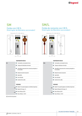 23
WWW.LEGRAND.COM.CO
CELDAS DE MEDIA TENSIÓN
Celda con I.M.S.
(Interruptor de Maniobra-seccionador)
SM
Celda de remonte con I.M.S.
(Interruptor de Maniobra-seccionador)
SM/L
Dimensiones: 375 x 1600 x 840 mm Dimensiones: 375 x 1600 x 840 mm
EQUIPAMIENTO BÁSICO
SM Seccionador y seccionador de tierra
Lámparas led indicadoras de tensión
Ventanilla de inspección de los contactos principales en
el seccionador
Indicador mecánico de posición
Sujetacables
Cierre del fondo
Conexión de los cables
VERSIONES
Mando LT (no puede equiparse con bobina de apertura)
Mando 3D (Ver pág. 13)
Barras trifásicas 630 A
Barras trifásicas 1.250 A
(*)
(*)
(*) Una de las dos opciones
EQUIPAMIENTO BÁSICO
SM/L Seccionador y seccionador de tierra
Lámparas indicadoras de tensión
Ventanilla de inspección de los contactos principales en
el seccionador
Indicador mecánico de posición
Sujetacables
Cierre del fondo
Conexión de los cables
VERSIONES
Mando LT (no puede equiparse con bobina de apertura)
Mando 3D Mando 3D (Ver pág. 13)
Barras trifásicas 630 A
Barras trifásicas 1.250 A
(*)
(*)
375 375
 