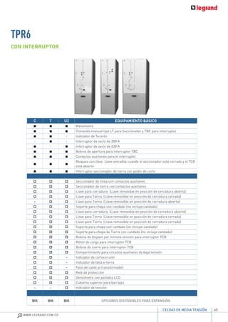 45
WWW.LEGRAND.COM.CO
CELDAS DE MEDIA TENSIÓN
TPR6
CON INTERRUPTOR
C T U2 EQUIPAMIENTO BÁSICO
Manómetro
Comando manual tipo LT para Seccionador y TBC para interruptor
- Indicador de Tensión
- - Interruptor de vacío de 200 A
- Interruptor de vacío de 630 A
Bobina de apertura para interruptor TBC
Contactos auxiliares para el interruptor
Bloqueo con llave. Llave extraíble cuando el seccionador está cerrado y el TCB
está abierto
Interruptor seccionador de tierra con poder de corte
Seccionador de línea con contactos auxiliares
Seccionador de tierra con contactos auxiliares
Llave para cerradura (Llave removible en posición de cerradura abierta)
Llave para Tierra (Llave removible en posición de cerradura cerrada)
- Llave para Tierra (Llave removible en posición de cerradura abierta)
Soporte para chapa con candado (no incluye candado)
Llave para cerradura (Llave removible en posición de cerradura abierta)
Llave para Tierra (Llave removible en posición de cerradura cerrada)
Llave para Tierra (Llave removible en posición de cerradura cerrada)
Soporte para chapa con candado (no incluye candado)
Soporte para chapa de Tierra con candado (no incluye candado)
Bobina de disparo por mínima tensión para interruptor TCB
Motor de carga para interruptor TCB
Bobina de cierre para interruptor TCB
Compartimiento para circuitos auxiliares de baja tensión
- Indicador de cortocircuito
- Indicador de falla a tierra
- Paso de cable al transformador
Relé de protección
Densímetro con pantalla LCD
Cubierta superior para barrajes
- - Indicador de tensión
BIK BIK BIK OPCIONES DISPONIBLES PARA EXPANSIÓN
 