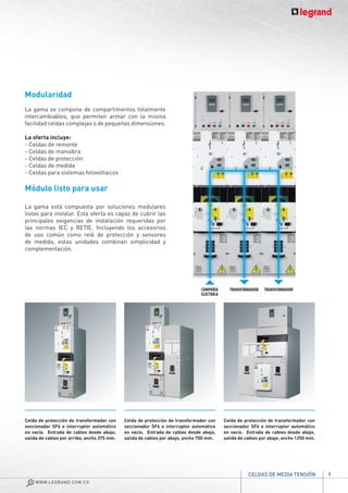 9
WWW.LEGRAND.COM.CO
CELDAS DE MEDIA TENSIÓN
Modularidad
La gama se compone de compartimentos totalmente
intercambiables, que permiten armar con la misma
facilidad celdas complejas o de pequeñas dimensiones.
La oferta incluye:
- Celdas de remonte
- Celdas de maniobra
- Celdas de protección
- Celdas de medida
- Celdas para sistemas fotovoltaicos
Celda de protección de transformador con
seccionador SF6 e interruptor automático
en vacío. Entrada de cables desde abajo,
salida de cables por arriba, ancho 375 mm.
Celda de protección de transformador con
seccionador SF6 e interruptor automático
en vacío. Entrada de cables desde abajo,
salida de cables por abajo, ancho 750 mm.
Celda de protección de transformador con
seccionador SF6 e interruptor automático
en vacío. Entrada de cables desde abajo,
salida de cables por abajo, ancho 1250 mm.
Módulo listo para usar
La gama está compuesta por soluciones modulares
listas para instalar. Esta oferta es capaz de cubrir las
principales exigencias de instalación requeridas por
las normas IEC y RETIE. Incluyendo los accesorios
de uso común como relé de protección y sensores
de medida, estas unidades combinan simplicidad y
complementación.
COMPAÑÍA
ELÉCTRICA
TRANSFORMADOR TRANSFORMADOR
 