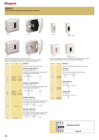 QDSS II
centros de distribuição para disjuntores e tomadas

912703

912710

913051

913051
exemplo montado

912711

912712

913053

913053
exemplo montado

Centro de distribuição de sobrepor e embutir
Disponível com disjuntores Bolt-on e tomada padrão brasileiro.
Ideal para instalações embutidas ou aparentes (sobrepor).
Emb.

QDSS II

Ref.

Centro de distribuição para montagem de disjuntores Bolt-on / DIN
Ideal para instalações embutidas ou aparentes (sobrepor).
Emb.

Ref.

QDSS II

Centros de distribuição sem porta

Centros de distribuição sobrepor sem porta

Embutir padrão Bolt-on
Cor branco RAL 9010
Acompanha tomada padrão brasileiro 20 A
e disjuntores padrão Bolt-on.

Universal
Cor branco
Para disjuntores padrão DIN ou Bolt-on

Unipolar

01
01
01

Bipolar

QDSS II
Corrente Nominal (A)

912701
912702
912703

–
912704
912705

10
15
20

Tomada

1
1
1

Sobrepor padrão Bolt-on
Cor branco RAL 9010
Acompanha tomada padrão brasileiro 20A
e disjuntores padrão Bolt-on.
Unipolar

01
01
01

Bipolar

QDSS II
Corrente Nominal (A)

912706
912707
912708

–
912709
912710

10
15
20

2

913055
913057

2

2
4

1
3

Padrão Bolt-on
Cor branco
Capacidade em nº de módulos
Bolt-on

12
6

913051
913053

1
1
1

Capacidade em nº de módulos
DIN
Bolt-on

912711

12
6

Tomada

Embutir Universal
Cor branco RAL 9010
Acompanha tomada padrão brasileiro 20A.
Para disjuntores padrão DIN ou Bolt-on.
06

Capacidade em nº de módulos
DIN
Bolt-on

1
3
Padrão DIN
Cor branco
Capacidade em nº de módulos
DIN

12
6

913071
913073

2
4

Tomada

1

Sobrepor Universal
Cor branco RAL 9010
Acompanha tomada padrão brasileiro 20A.
Para disjuntores padrão DIN ou Bolt-on.
Capacidade em nº de módulos
DIN
Bolt-on

06

912712

2

2

Tomada

1

Disjuntores DX-E

página 8
100

 