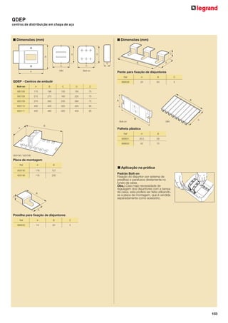 QDEP
centros de distribuição em chapa de aço

■ Dimensões (mm)

■ Dimensões (mm)

DIN

Bolt-on

Pente para ﬁxação de disjuntores
Ref

Bolt-on

A

B

C

D

170

196

135

150

215

275

160

235

270

350

230

290

75

900110

400

400

325

325

85

900111

400

480

330

403

5

75

900109

C

63

75

900108

B

23

E

900106

A

989536

QDEP - Centros de embutir

85

Bolt-on

DIN

Palheta plástica
Ref

A

B

989631

25,5

58

989632

52

72

900195 / 900196

Placa de montagem
Ref

A

B

900195

118

127

900196

118

205

■ Aplicação na prática
Padrão Bolt-on
Fixação do disjuntor por sistema de
presilhas e parafusos diretamente no
fundo da caixa.
Obs.: Caso haja necessidade de
regulagem dos disjuntores com a tampa
da caixa, esta poderá ser feita utilizandose a placa de montagem, que é vendida
separadamente como acessório.

Presilha para ﬁxação de disjuntores
Ref

A

B

C

989535

13

20

5

103

 