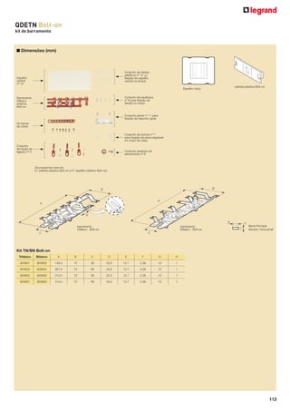 QDETN Bolt-on
kit de barramento

■ Dimensões (mm)
espelho vazio

Conjunto de rebites
plásticos nº 12 p/
ﬁxação do espelho
central na tampa

Espelho
central
nº 13

palheta plástica Bolt-on

Conjunto de parafusos
nº 9 para ﬁxação da
tampa no corpo

Barramento
trifásico
sistema
Bolt-on

Conjunto pente nº 11 para
ﬁxação de disjuntor geral
02 barras
de cobre
Conjunto de porcas nº 7
para ﬁxação da placa regulável
no corpo da caixa
Conjunto
terminais de
ligação nº 5

Conjunto parafuso de
aterramento nº 6

(Acompanham este kit:
01 palheta plástica Bolt-on e 01 espelho plástico Bolt-on)

barramento
trifásico - Bolt-on

barramento
bifásico - Bolt-on

Kit TN/BN Bolt-on
Trifásico

Bifásico

A

B

C

D

E

F

G

H

903601

903602

159,5

72

38

25,5

12,7

2,38

10

1

903603

903604

261,5

72

38

25,5

12,7

2,38

10

1

903605

903606

312,5

72

38

25,5

12,7

2,38

10

1

903607

903608

414,5

72

38

25,5

12,7

2,38

10

1

113

 