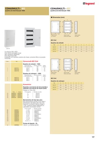 CEMARMULTI - IEC

CEMARMULTI - IEC

quadros de distribuição 100A

quadros de distribuição 100A

■ Dimensões (mm)

IEC Civil
Quadros de embutir
Ref.

Cor Branca RAL 9003.
Com fecho de engate móvel.
Sem parafusos aparentes.
Para disjuntores DIN.
Equipado com exclusivo sistema de chassi, somente trilhos na posição
horizontal.
Emb.

B

C

D

E

F

G

360

420

330

390

100

272

318

903703

903703

903733

A

903701

360

573

330

543

100

272

471

903704

360

675

330

645

100

272

573

Cemarmulti-IEC Civil

Ref.

Quadros de embutir - 100A
Capacidade em
nº de módulos DIN

1
1
1

903701
903703
903704

Total de módulos
DIN

Barra
Neutro

24+2
36+3
48+4

26
39
52

12
12
12

Quadros de sobrepor - 100A
Capacidade em
nº de módulos DIN

1
1
1

903731
903733
903734

Total de módulos
DIN

Barra
Neutro

24+2
36+3
48+4

26
39
52

12
12
12

IEC Civil
Quadros de sobrepor
Ref.

Suportes com barras de terra (verde) e
suportes com barras de neutro (azul)
Fixação no Trilho DIN
Terra

10
10
10
10

Neutro

Nº de ligações

928050
928051
928052
928053

7
12
7
12

B

C

D

E

334

394

100

272

318

903733

334

546

100

272

471

903734

334

649

100

272

573

Diâmetro do Cabo

928055
928056
928057
928058

A

903731

Acessórios

16mm2
16mm2
25mm2
25mm2

Barramentos de fase tipo pino
Nos barramentos de 80A, se for feita a
alimentação das fases pelo meio dos
mesmos, a corrente máxima chega a
110A, conforme testes realizados no
Laboratório de Ensaios Cemar
Nº de circuitos

10
10
10

928081
928083
928085
928023
928028
928033
928024
928029
928034

6

928062

06
02
02
10
10
10

Número de fases

1 x 57
2 x 28
3 x 19
1 x 12
2x6
3x4
1 x 16
2x8
3x5+1

monofásico
bifásico
trifásico
monofásico
bifásico
trifásico
monofásico
bifásico
trifásico

Pontes de ligação - PL
150mm - p/ Cemarmulti-IEC

127

 