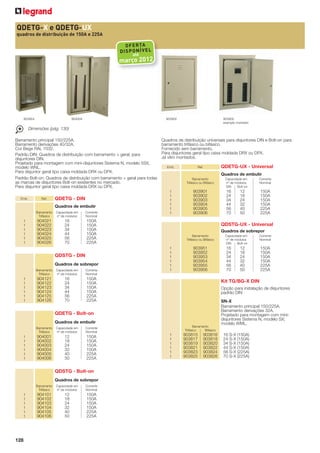 QDETG-X e QDETG-UX
quadros de distribuição de 150A e 225A

OF ER TA
DI SP ON ÍV EL
até

março 2012

903954

903902

904004

903902
exemplo montado

Dimensões (pág. 130)
Barramento principal 150/225A.
Barramento derivações 40/32A.
Cor Bege RAL 7032.
Padrão DIN: Quadros de distribuição com barramento + geral, para
disjuntores DIN.
Projetado para montagem com mini-disjuntores Sistema N, modelo 5SX,
modelo WNL.
Para disjuntor geral tipo caixa moldada DRX ou DPX.
Padrão Bolt-on: Quadros de distribuição com barramento + geral para todas
as marcas de disjuntores Bolt-on existentes no mercado.
Para disjuntor geral tipo caixa moldada DRX ou DPX.
Emb.

Ref.

QDETG - DIN
Quadros de embutir

Barramento
Trifásico

1
1
1
1
1
1

Capacidade em
nº de módulos

Corrente
Nominal

904021
904022
904023
904024
904025
904026

16
24
34
44
56
70

Emb.

Quadros de sobrepor
Barramento
Trifásico

Capacidade em
nº de módulos

Corrente
Nominal

904121
904122
904123
904124
904125
904126

16
24
34
44
56
70

Ref.

1
1
1
1
1
1

903901
903902
903903
903904
903905
903906

1
1
1
1
1
1

903951
903952
903953
903954
903955
903956

1
1
1
1
1
1

904001
904002
904003
904004
904005
904006

12
18
24
32
40
50

150A
150A
150A
150A
225A
225A

QDSTG - Bolt-on
Quadros de sobrepor
Barramento
Trifásico

1
1
1
1
1
1

128

Capacidade em
nº de módulos

Corrente
Nominal

904101
904102
904103
904104
904105
904106

12
18
24
32
40
50

150A
150A
150A
150A
225A
225A

12
18
24
32
40
50

150A
150A
150A
150A
225A
225A

Capacidade em
nº de módulos
DIN
Bolt-on

16
24
34
44
56
70

Corrente
Nominal

12
18
24
32
40
50

150A
150A
150A
150A
225A
225A

Kit TG/BG-X DIN
Opção para instalação de disjuntores
padrão DIN

Quadros de embutir
Corrente
Nominal

16
24
34
44
56
70

Corrente
Nominal

Quadros de sobrepor
Barramento
Trifásico ou Bifásico

QDETG - Bolt-on
Capacidade em
nº de módulos

Capacidade em
nº de módulos
DIN
Bolt-on

QDSTG-UX - Universal

150A
150A
150A
150A
225A
225A

Barramento
Trifásico

QDETG-UX - Universal
Quadros de embutir

Barramento
Trifásico ou Bifásico

150A
150A
150A
150A
225A
225A

QDSTG - DIN

1
1
1
1
1
1

Quadros de distribuição universais para disjuntores DIN e Bolt-on para
barramento trifásico ou bifásico.
Fornecido sem barramento.
Para disjuntores geral tipo caixa moldada DRX ou DPX.
Já vêm montados.

Barramento
Trifásico
Bifásico

1
1
1
1
1
1

903815
903817
903819
903821
903823
903825

903816
903818
903820
903822
903824
903826

SN-X
Barramento principal 150/225A.
Barramento derivações 32A.
Projetado para montagem com minidisjuntores Sistema N, modelo SX;
modelo WML.
16 S-X (150A)
24 S-X (150A)
34 S-X (150A)
44 S-X (150A)
56 S-X (225A)
70 S-X (225A)

 