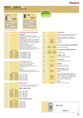 QDETG-X e QDETG-UX
quadros de distribuição de 150A e 225A

OF ER TA
DI SP ON ÍV EL
até

março 2012

DIN-veja mais detalhes na pág 131
Emb.

Ref.

Barramento
Trifásico
Bifásico

Bolt-on-veja mais detalhes na pág 132

Kit TG/BG-X DIN (continuação)
Legrand-X
Projetado para montagem com minidisjuntores modelo S60; modelo Série FAZ;
modelo MBW.
Projetado para montagem com disjuntores
modelo Série E/G e G60; modelo WM,
modelo UNIC/DIN Pial Lerand, modelo ELS/
DLS, modelo DLD Lorenzetti e modelos
DXE/DX Legrand.
Barramento principal 150/225A.
Barramento dreivação 40A.
Projetado para montagem com minidisjuntores modelos K60 e C60; modelo
SA63; série Limit e modelo DZ47.

Emb.

Acessórios

Ref.

Para Quadros de distribuição QDETG-X /
QDETG-UX e QDETG II / QDETG-U II

10
10
10
10

Barra de neutro/terra - BRG-N/T
7 Furos
11 Furos
14 Furos
22 Furos

989547
989548
989549
989550

Barra transversal Bolt-on BTLG/BTCG
Lateral

20

989581

Central

989582 Corrente nominal 40A
Barra transversal DIN BTLG/BTCG

Lateral

Central

903831
903833
903835
903837
903839
903841

903832
903834
903836
903838
903840
903842

20
20

989583 989584
989585 989586

100

989535

Presilha - PFD
Para ﬁxação de disjuntores

30

989536

Pente - PTE
Para ﬁxação de disjuntores

10
1

989637
989640

Isolador
ISN-TG de neutro/terra
ISB-TG de barramento

10
100

989632
989631

Palheta plástica - PPL
DIN - 4 módulos bege
Bolt-on

12E-X UL (150A)
18E-X UL (150A)
24E-X UL (150A)
32E-X UL (150A)
40E-X UL (225A)
50E-X UL (225A)

1
1
1
1

989568
989569
984513
984514

Terminal de ligação NO FUSE - TG
150A - Disjuntor caixa moldada Nema
225A - Disjuntor caixa moldada Nema
225A - NO FUSE DRX-150A
225A - NO FUSE DRX-225A

Barramentos

1
1
1
1
1
1

10

989520

Fecho
FYR - fecho e chave yale

16 LEGRAND-X (150A)
24 LEGRAND-X (150A)
34 LEGRAND-X (150A)
44 LEGRAND-X (150A)
56 LEGRAND-X (225A)
70 LEGRAND-X (225A)

Kit TG/BG-X Bolt-on
Barramento principal 150/225A.
Barramento derivação 40A.
Opção para instalação de disjuntores
Padrão Bolt-on
E-X UL
Projetado para todas as marcas de
disjuntores Bolt-on existentes no mercado.
Barramento
Trifásico
Bifásico

1
1
1
1
1
1

903801
903803
903805
903807
903809
903811

903802
903804
903806
903808
903810
903812

S - 32A
LEGRAND 40A

Para Quadros de distribuição QDETG-X /
QDETG-UX e QDETG II / QDETG-U II
BRBG / BRTG-X DIN
Barramento
Trifásico
Bifásico

1
1
1
1
1
1

904221
904222
904223
904224
904225
904226

904231
904232
904233
904234
904235
904236

16X - DIN (150A)
24X - DIN (150A)
34X - DIN (150A)
44X - DIN (150A)
56X - DIN (225A)
70X - DIN (225A)
BRBG / BRTG-X Bolt-on

Barramento
Trifásico
Bifásico

1
1
1
1
1
1

904201
904202
904203
904204
904205
904206

904211
904212
904213
904214
904215
904216

12EX (150A)
18EX (150A)
24EX (150A)
32EX (150A)
40EX (225A)
50EX (225A)

DRXTM 250

página 33
129

 