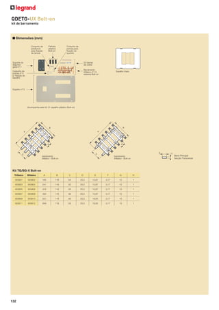 QDETG-UX Bolt-on
kit de barramento

■ Dimensões (mm)
Conjunto de
parafusos
para ﬁxação
da tampa

Palheta
plástica
Bolt-on

Conjunto de
porcas para
ﬁxação do
suporte

02 barras
de cobre

Suporte do
disjuntor
geral nº 7

Barramento
trifásico nº 10
sistema Bolt-on

Conjunto de
porcas nº 5
p/ ﬁxação do
espelho

Espelho nº 3

(Acompanha este kit: 01 espelho plástico Bolt-on)

barramento
bifásico - Bolt-on

barramento
trifásico - Bolt-on

Kit TG/BG-X Bolt-on
Trifásico

Bifásico

A

B

C

D

E

F

G

H

903801

903802

165

118

62

25,5

15,87

3,17

10

1

903803

903804

241

118

62

25,5

15,87

3,17

10

1

903805

903806

318

118

62

25,5

15,87

3,17

10

1

903807

903808

420

118

62

25,5

15,87

3,17

10

1

903809

903810

521

118

62

25,5

19,05

3,17

10

1

903811

903812

649

118

62

25,5

19,05

3,17

10

1

132

 