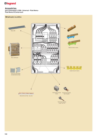 Acessórios
para Cemarplast II, (DIN - Universal - Plast Nema Plast Nema-U) Cemarmulti
■ Aplicação na prática

Trilhos DIN

Barras de terra e neutro

Bloco distribuidor

Isolador de pino reserva
Tampa de extremidade
do barramento de fase

Terminal de Conexão
ES/35

Terminal de Conexão
Tipo Forquilha

Barramentos de fase - tipo pino

Terminal de Conexão
Longo Tipo Pino

144

 