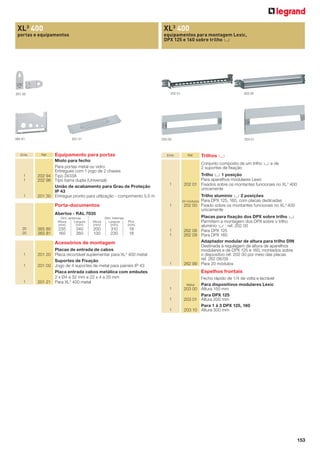 XL3 400

XL3 400

portas e equipamentos

equipamentos para montagem Lexic,
DPX 125 e 160 sobre trilho 3

202 01

201 00

201 21

365 81

Emb.

1
1

1

Ref.

202 00

203 00

Equipamento para portas

Emb.

Miolo para fecho
Para portas metal ou vidro
Entregues com 1 jogo de 2 chaves
202 94 Tipo 2433A
202 96 Tipo barra dupla (Universal)
União de acabamento para Grau de Proteção
IP 43
201 30 Entregue pronto para utilização - comprimento 5,5 m

203 01

Réf.

Trilhos 2
Conjunto composto de um trilho 2 e de
2 suportes de ﬁxação

1

Trilho 2 1 posição
Para aparelhos modulares Lexic
202 01 Fixados sobre os montantes funcionais no XL3 400
unicamente
Trilho alumínio 2 2 posições
Para DPX 125, 160, com placas dedicadas
202 00 Fixado sobre os montantes funcionais no XL3 400
unicamente

24 módulos

Porta-documentos

1

Abertos - RAL 7035
Dim. externas
Altura
Largura
(mm)
(mm)

20
20

365 80
365 81

Altura
(mm)

Dim. Internas
Largura
(mm)

Prof.
(mm)

235
165

200
130

310
230

18
18

340
260

1
1

Acessórios de montagem
1
1

1

Placas de entrada de cabos
201 20 Placa recortável suplementar para XL3 400 metal
Suportes de Fixação
201 00 Jogo de 4 suportes de metal para painéis IP 43
Placa entrada cabos metálica com embutes
2 x Ø4 a 32 mm e 22 x 4 a 20 mm
201 21 Para XL3 400 metal

1

Placas para ﬁxação dos DPX sobre trilho 2
Permitem a montagem dos DPX sobre o trilho
alumínio 3 : ref. 202 00
262 08 Para DPX 125
262 09 Para DPX 160
Adaptador modular de altura para trilho DIN
Destinada à regulagem de altura de aparelhos
modulares e de DPX 125 e 160, montados sobre
o dispositivo ref. 202 00 por meio das placas
ref. 262 08/09
262 99 Para 20 módulos

Espelhos frontais
Fecho rápido de 1/4 de volta e lacrável
Para dispositivos modulares Lexic
203 00 Altura 150 mm
Para DPX 125
203 01 Altura 200 mm
Para 1 à 3 DPX 125, 160
203 10 Altura 300 mm
Metal

1
1
1

153

 