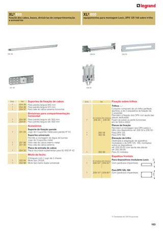 XL³ 800

XL³ 800

ﬁxação dos cabos, bases, divisórias de compartimentação
e acessórios

equipamentos para montagem Lexic, DPX 125 160 sobre trilho

204 36

201 95

Ref.

Suportes de ﬁxação de cabos

Emb.

204 35 Para painéis largura 660 mm
204 36 Para painéis largura 910 mm
204 37 Para cela de cabos externa horizontal

Divisórias para compartimentação
horizontal
1
1

204 90 Para painéis largura útil: 600 mm
204 91 Para painéis largura útil: 850 mm

1

Acessórios
1

1
1
1

Suporte de ﬁxação parede
201 00 Jogo de 4 suportes metal para painéis IP 43
Suportes universais
Permite a montagem de régua de bornes
Jogo de 3 suportes metal
201 96 Para cela de cabos interno metal
201 95 Para cela de cabos externa
Placa de entrada de cabos
204 20 Placa recortável suplementar para XL³ 800 IP 43

1
1

1

Ref.

Trilhos 2
Conjunto composto de um trilho perﬁlado
alumínio, e de 2 esquadros de ﬁxação de
2 posições
Permitem a ﬁxação dos DPX com ajuda das
24 módulos 36 módulos placas dedicadas
206 00 206 50 Fixam-se sobre os perﬁs funcionais
em XL³ 800 e 4000
Placas de ﬁxação
Permitem a montagem dos DPX sobre o
trilho dos dispositivos ref. 206 00 e 206 50
262 08
Para DPX 125
262 09
Para DPX 160
Elevação de trilho
Destinada à adaptação de aparelhos
modulares e de DPX 125, 160, montados
sobre os dispositivos
ref. 206 00/50 com ajuda das placas
ref. 262 08/09
262 99
Para 20 módulos

Miolo de fecho
1
1

Entregues com 1 jogo de 2 chaves
202 94 Miolo tipo 2433A
202 96 Miolo tipo barra dupla (universal)

Fixação sobre trilhos

Espelhos frontais
1

Para dispositivos modulares Lexic
209 00 (1) 209 50 (1) Com parafusos imperdíveis

1

Para DPX 125, 160
209 10 (1) 209 60 (1) Com parafusos imperdíveis

24 módulos 36 módulos

150

1
1
1

206 00

300

Emb.

209 50

206 00

(1) Dobradiças ref. 209 59 opcionais

163

 