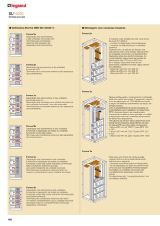 XL3 4000
formas 2a à 4b

■ Definições (Norma NBR IEC 60439-1)
Forma 2a
Separação dos barramentos
e das unidades funcionais (UF).
Terminais para condutores
externos não precisam ser
separados dos barramentos.

■ Montagem com conexões traseiras
Forma 2a
A maneira mais simples de criar uma forma
2a num XL³ 4000 é:
- montar os disjuntores horizontalmente;
- conectar os disjuntores por conexões
traseiros.
Fazendo isso, as placas de ﬁxação dos
disjuntores criam uma divisão natural entre
as unidades funcionais e os barramentos
dispostos atrás dos perﬁs funcionais. As
profundidades disponíveis de painéis de
distribuição são 725 mm e 975 mm.
Se o espaço disponível tiver de ser
preenchido, espelhos frontais cegos devem
ser utilizados:
- Altura de 100 mm, ref. 206 40
- Altura de 200 mm, ref. 206 47
- Altura de 400 mm, ref. 206 48

Forma 2b
Separação de barramentos e de unidades
funcionais (UF).
Terminais para condutores externos são separados
dos barramentos.

Forma 2b
Forma 3a
Separação dos barramentos e das unidades
funcionais entre si.
Separação dos terminais para condutores externos
das unidades funcionais, mas não entre elas.
Terminais para condutores externos não separados
dos barramento

Nessa configuração, o barramento é colocado
atrás dos perfis funcionais. É separado usando
o kit de separação ref. 208 48/49 para isolar
a seção de entrada (barramento) da seção de
saídas (saídas).
Com a possibilidade de ajuste da placa na
profundidade para instalação de disjuntores
DPX, divisores devem ser usados para
barramentos traseiros para que seja completa
a separação entre as conexões de entrada e
de saída dos dispositivos.
Três alturas de divisor estão disponíveis para
barramentos traseiros dependendo do tipo
de placa DPX que eles estão encaixados:
- Altura 200 mm ref. 208 77 para DPX 125
e 160
- Altura 300 mm ref. 208 78 para DPX 250
e 630
- Altura 400 mm ref. 208 79 para DPX 1600

Forma 3b
Separação dos barramentos e das unidades
funcionais e separação de todas as unidades
funcionais umas das outras.
Terminais para condutores externos são separados
dos barramentos.

Forma 3a
Forma 4a
Separação dos barramentos das unidades
funcionais e separação de todas as unidades
funcionais umas das outras incluindo os terminais
para condutores externos que são
uma parte integrante da unidade funcional.
Terminais para condutores externos ﬁcam no
mesmo compartimento que a unidade funcional.

Forma 4b
Separação dos barramentos das unidades
funcionais e separação de todas as unidades
funcionais umas das outras incluindo terminais para
condutores externos.
Terminais para condutores externos não ﬁcam
no mesmo compartimento que a unidade funcional
associada mas em compartimentos individuais,
separados e fechados.

180

Para criar uma forma 3a, inicia-se pela
criação da forma 2a e sistematicamente
adiciona-se o seguinte:
- divisores horizontais entre os disjuntores;
- kit de separação do lado do painel frontal.
Uma vez que os espelhos frontais estejam
montadas, as unidades funcionais são
completamente separadas umas das
outras.
Os disjuntores são “compartimentados” em
um espaço deﬁnido.

 