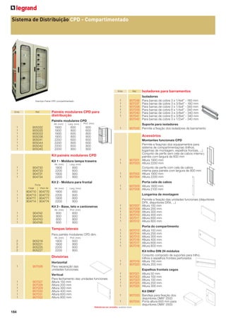 Sistema de Distribuição CPD - Compartimentado

Emb.

Exemplo Painel CPD compartimentado
Pain

Emb.

Ref.

Painéis modulares CPD para
distribuição

Ref.

1
1
1
1
1
1

907036
907037
907038
907039
907040
907041
907042

Painéis modulares CPD
Alt. (mm)

1
1
1
1
1
1
1
1

905332
905035
905033
905036
905041
905044
905042
905045

Larg. (mm)

Prof. (mm)

1900
1900
1900
1900
2200
2200
2200
2200

600
800
600
800
600
800
600
800

600
600
800
800
600
600
800
800

1

Acessórios

904730
904733
904731
904734

600
600
800
800

1
1

907001
907003

907002
907004

1
1

Larg. (mm)

1900
2200
1900
2200

Porta cela de cabos
907005 Altura 1800 mm
907006 Altura 2100 mm

Kit 2 - Moldura para frontal
Cega

1
1
1
1

Porta
Visor de

904710 904770
904713 904773
904711 904771
904714 904774

Alt. (mm)

Larg. (mm)

1900
2200
1900
2200

600
600
800
800

Longarina de montagem

1
1
1
1
1
1

907007
907008
907009
907010
907011
907012

Permite a ﬁxação das unidades funcionais (disjuntores
DPX, disjuntores DRX, ...)
Altura 150 mm
Altura 200 mm
Altura 300 mm
Altura 400 mm
Altura 600 mm
Altura 800 mm

1
1
1
1
1
1

907013
907014
907015
907016
907017
907018

Porta do compartimento
Altura 150 mm
Altura 200 mm
Altura 300 mm
Altura 400 mm
Altura 600 mm
Altura 800 mm

Horizontal
Para separação das
unidades funcionais

1
1

Kit trilho DIN 24 módulos
Conjunto composto de suportes para trilho,
trilhos e espelhos frontais perfurados
907019 Altura 150 mm
907020 Altura 200 mm

Vertical
Para fechamento das unidades funcionais
Altura 150 mm
Altura 200 mm
Altura 300 mm
Altura 400 mm
Altura 600 mm
Altura 800 mm

1
1
1
1
1

907021
907022
907023
907024
907025

Kit 3 - Base, teto e cantoneiras
Alt. (mm)

1
1
1
1

904742
904745
904743
904746

Prof. (mm)

600
800
600
800

600
600
800
800

Tampas laterais
Para painéis modulares CPD dim.
Alt. (mm)

2
2
2
2

905219
905221
905225
905227

Prof. (mm)

1900
1900
2200
2200

600
800
600
800

Divisórias
1

1
1
1
1
1
1

907026

907027
907028
907029
907030
907031
907032

1
1

Espelhos frontais cegos
Altura 50 mm
Altura 100 mm
Altura 150 mm
Altura 200 mm
Altura 300 mm

Kit DMX3
907033 Bandeja para ﬁxação dos
disjuntores DMX3 2500
907034 Porta altura 600 mm para
disjuntores DMX3 2500

Referências em vermelho: produtos novos

184

Montantes funcionais CPD
Permite a ﬁxaçnao dos equipamentos para
sistema de compartimentaçnao (trilhos,
logarinas de montagem, espelhos frontais, ...)
Conjunto de perﬁs sem cela de cabos interna para
painéis com largura de 600 mm
Altura 1900 mm
Altura 2200 mm
Conjunto de perﬁs com cela de cabos
interna para painéis com largura de 800 mm
Altura 1900 mm
Altura 2200 mm

1
1

Kit 1 - Moldura tampa traseira
1
1
1
1

Isoladores
Para barras de cobre 3 x 1/4x4” - 160 mm
Para barras de cobre 3 x 3/8x4” - 160 mm
Para barras de cobre 3 x 1/4x4” - 340 mm
Para barras de cobre 6 x 1/4x4” - 340 mm
Para barras de cobre 3 x 3/8x4” - 340 mm
Para barras de cobre 6 x 3/8x4” - 340 mm
Para barras de cobre 3 x 1/2x4” - 340 mm

Suporte para isoladores
907035 Permite a ﬁxação dos isoladores de barramento

Kit painéis modulares CPD
Alt. (mm)

Isoladores para barramentos

 
