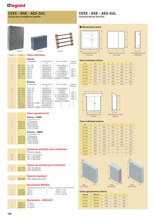 CEEE - RGE - AES-SUL

CEEE - RGE - AES-SUL

Caixas para medidores padrão

Características técnicas

■ Dimensões (mm)

902035
Emb.

Ref.

901202

902887
Vista Frontal da Caixa
de Embutir

Caixa individual
Interna
Nomenclatura

2
1
1
1
1
1
1

901301
901303
901305
901307
901309
901311
901313

CLI-1A
CLI-2A
CFI-2
CFI-4
CFI-5
CFI-3
CFI-7

Larg.xAlt.xProf.
cm

Tipo do medidor

Caixa de
proteção

–
–
CP-1
CP-1
CP-1
CP-2
–

Externa
2
1
1
1
1
1
1
1
1
1

901302
901304
901306
901308
901310
901312
901314
902001
902002
902003

Vista Lateral da Caixa
de Embutir

Caixa individual interna

Larg.xAlt.xProf.
cm

Tipo do medidor

CLE-1A
30x30x17
1 monofásico
CLE-2A
50x50x20
1 trifásico
CFE-2
60x60x26
1 trifásico
CFE-4
60x40x17
2 monofásicos
CFE-5
60x80x17
4 monofásicos
CFE-3
80x60x26
2 trifásicos
CFE-7
150x130x26 medição indireta
CMI-BT C/MP 85x120x40
–
CMI-AT
85x60x40
–
CMI-BT C/MG 85x120x40
–

Caixa de
proteção

Ref.

A

B

C

D

E

901301

386

386

300

300

170

901303

586

586

500

500

200

901305

676

676

600

600

260

901307

676

476

400

600

170

901309

676

876

800

600

170

901311

30x30x17
1 monofásico
50x50x20
1 trifásico
60x60x26
1 trifásico
60x40x17
2 monofásico
60x80x17
4 monofásico
80x60x26
2 trifásicos
150x130x26 medição indireta

Nomenclatura

Vista do Fundo da Caixa
de Embutir

876

676

600

800

260

901313

1548

1370

1300

1500

260

–
–
CP-1
CP-1
CP-1
CP-2
–
–
–
–

Caixa agrupamento

Vista Frontal da Caixa
Externa

Interna - CMIA

Vista Lateral da Caixa
Externa

Larg.xAlt.xProf. cm

1
1
1
1

902033
902035
902037
902039

Caixa individual externa

120x90x26
90x120x26
120x130x26
130x120x26

Ref.

10
4
4

2
1

560

620

500

200

600

580

710

600

260

600

405

710

400

170

600

805

710

800

170

800

605

900

600

260

1500

1350

1590

1300

260

902001

850

1200

–

–

400

902002

850

600

–

–

400

902003

850

1200

–

–

400

901204 CED 30x40x20
901205 CED 60x90x20

1

500

901312

Pintura Líquida
901201 CP-1 15x12x6,5
901202 CP-2 26x20x9
901203 CP-4 48x24x9

170

901310

Caixas de proteção para medidores

E

300

901308

120x90x26
90x120x26
120x130x26
130x120x26

D

400

901314

902034
902036
902038
902040

C

360

901306

Larg.xAlt.xProf. cm

1
1
1
1

B

300

901304

Externa - CMEA

A

901302

901299 Para disjuntores CED

Caixas de entrada para medidores

Suporte regulável

Barramento BRCED
Capacidade do barramento

1
1
1

Largura x Comprimento do barramento

902887 150 A
902888 225 A
902889 400 A

5/8” x 1/8”
5/32” x 3/4”
1.1/4” x 3/16”

Caixa
130x120x26

Caixa
90x120x26

Caixa
120x130x26

Caixa agrupamento interna

Barramento - BRG-N/T

186

989547 7 furos
989548 11 furos
989549 14 furos

Externa

A

B

C

902033

1
1
1

Interna

902034

1200

900

260

902035

902036

900

1200

260

902037

902038

1200

1300

260

902039

902040

1300

1200

260

 