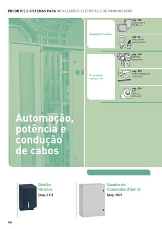 PRODUTOS E SISTEMAS PARA INSTALAÇÕES ELÉTRICAS E DE COMUNICAÇÃO
pág. 192
Cemarbox e
CC Plast

Quadros e Painéis
pág. 221
Acessórios
para painéis

pág. 240
OSMOZ
botoeiras

pág. 275
Starfix terminais
e alicates

Processos
Industriais

pág. 294
P17
IP 44 e
IP 66/67

Automação,
potência e
condução
de cabos
Gestão
térmica
(pág. 211)

188

Quadro de
Comandos Atlantic
(pág. 202)

 