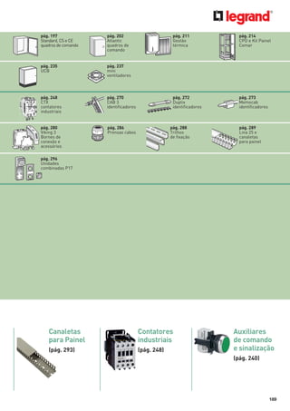 pág. 197
Standard, CS e CE
quadros de comando

pág. 235
UCB

pág. 270
CAB 3
identificadores

pág. 280
Viking 3
Bornes de
conexão e
acessórios

pág. 286
Prensas cabos

pág. 214
CPD e Kit Painel
Cemar

pág. 237
mini
ventiladores

pág. 248
CTX
contatores
industriais

pág. 211
Gestão
térmica

pág. 202
Atlantic
quadros de
comando

pág. 272
Duplix
identificadores

pág. 288
Trilhos
de fixação

4 2 AX 7

5

pág. 273
Memocab
identificadores

pág. 289
Lina 25 e
canaletas
para painel

pág. 296
Unidades
combinadas P17

Canaletas
para Painel

Contatores
industriais

(pág. 293)

(pág. 248)

Auxiliares
de comando
e sinalização
(pág. 240)

189

 