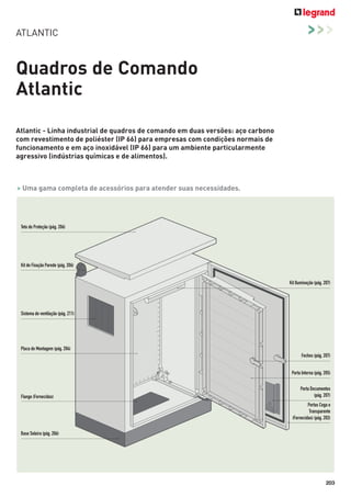 ATLANTIC

>>>

Quadros de Comando
Atlantic
Atlantic - Linha industrial de quadros de comando em duas versões: aço carbono
com revestimento de poliéster (IP 66) para empresas com condições normais de
funcionamento e em aço inoxidável (IP 66) para um ambiente particularmente
agressivo (indústrias químicas e de alimentos).

> Uma gama completa de acessórios para atender suas necessidades.

Teto de Proteção (pág. 206)

Kit de Fixação Parede (pág. 206)
Kit Iluminação (pág. 207)

Sistema de ventilação (pág. 211)

Placa de Montagem (pág. 204)
Fechos (pág. 207)
Porta Interna (pág. 205)

Flange (Fornecidas)

Porta Documentos
(pág. 207)
Portas Cega e
Transparente
(Fornecidas) (pág. 202)

Base Soleira (pág. 206)

203

 