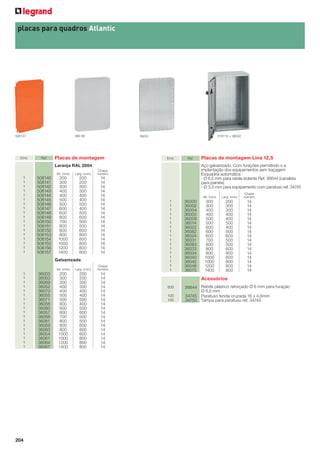 placas para quadros Atlantic

506147

Emb.

360 58

Ref.

516110 + 36022

36031

Placas de montagem

Emb.

Ref.

Alt. (mm)

1
1
1
1
1
1
1
1
1
1
1
1
1
1
1
1
1
1

506140
506141
506142
506143
506144
506145
506146
506147
506148
506149
506150
506151
506152
506153
506154
506155
506156
506157

Larg. (mm)

Chapa
número

200
300
300
400
400
500
500
600
600
600
700
800
800
800
1000
1000
1200
1400

200
200
300
300
400
400
500
400
500
600
500
500
600
800
600
800
800
800

14
14
14
14
14
14
14
14
14
14
14
14
14
14
14
14
14
14

Galvanizada
Alt. (mm)

1
1
1
1
1
1
1
1
1
1
1
1
1
1
1
1
1
1

204

36003
36050
36069
36052
36070
36055
36071
36056
36080
36057
36058
36081
36059
36060
36054
36061
36064
36067

Larg. (mm)

Chapa
número

200
300
300
400
400
500
500
600
600
600
700
800
800
800
1000
1000
1200
1400

200
200
300
300
400
400
500
400
500
600
500
500
600
800
600
800
800
800

14
14
14
14
14
14
14
14
14
14
14
14
14
14
14
14
14
14

Placas de montagem Lina 12,5
Aço galvanizado. Com furações permitindo o a
implantação dos equipamentos sem traçagem
Esquadria automática :
- Ø 6,5 mm para rebite isolante Ref. 36644 (canaleta
para painéis)
- Ø 3,3 mm para equipamento com parafuso ref. 34745

Laranja RAL 2004

Alt. (mm)

1
1
1
1
1
1
1
1
1
1
1
1
1
1
1
1
1

36000
36002
36004
36005
36009
36014
36022
36082
36024
36031
36083
36033
36034
36040
36042
36046
36075

Larg. (mm)

Chapa
número

300
300
400
400
500
500
600
600
600
700
800
800
800
1000
1000
1200
1400

200
300
300
400
400
500
400
500
600
500
500
600
800
600
800
800
800

14
14
14
14
14
14
14
14
14
14
14
14
14
14
14
14
14

Acessórios
500
100
100

36644 Rebite plástico reforçado Ø 6 mm para furação
Ø 6,5 mm
34745 Parafuso fenda cruzada 16 x 4,8mm
34750 Tampa para parafuso ref. 34745

 