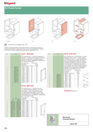 Kit Painel Cemar

Kit 1

Kit Painel

Kit 2

Kit 3

Instruções de montagem (pág. 218)
Vendido separadamente em kits desmontados, reduz espaço físico de
estoque sem perder a segurança. Possui grau de proteção IP54. Modelo
com porta e tampa traseira de embutir, na cor bege RAL 7032.
Emb.

Ref.

Kit 01 - MTE-CPD

Emb.

Ref.

Kit composto por: 4 cantoneiras - 2 perﬁs
laterais 3 furos - 1 teto - 1 base soleira
monobloco 100mm - 1 saco de parafusos
com: 4 parafusos de ﬁxação da base, 4
parafusos de ﬁxação do teto ao conjunto,
4 porcas de ﬁxação da base ao conjunto,
8 arruelas lisas, 2 argolas de içamento
com arruelas, porcas e borrachas tampão,
32 parafusos, 32 porcas, 32 arruelas de
pressão, 64 arruelas lisas. Embalagem
identiﬁcada por uma tarja azul.

Kit composto por: 1 estrutura traseira de
embutir - 1 fechamento traseiro de embutir
(ﬁxado na estrutura) - 6 parafusos para
ﬁxação da tampa. Embalagem identiﬁcada
por uma tarja vermelha.
Para painéis com
as seguintes
dimensões
(Altura x Largura):

904723
904724
904725
904726
904727
904728
904729
904730
904731
904732
904733
904734
904735

1
1
1
1
1
1
1
1
1
1
1
1
1

1300 x 600
1300 x 800
1500 x 600
1500 x 800
1700 x 600
1700 x 800
1700 x 1200
1900 x 600
1900 x 800
1900 x 1200
2200 x 600
2200 x 800
2200 x 1200

Chapa número
teto e
tampa
estrutura
traseira

16
16
16
16
14
14
14
13
13
13
13
13
13

16
16
16
16
16
16
16
16
16
16
16
16
16

Kit 02 - MPF-CPD
Kit composto por: 1 estrutura frontal 1 porta de metal do painel ou com visor
de acrílico - 1 saco de parafusos com:
12 tampas plásticas bege, 6 borrachas
tampão Ø8mm, 2 arruelas lisas e 1 porca
para aterrramento. Embalagem identiﬁcada
por uma tarja amarela.
Cega

1
1
1
1
1
1
1
1
1
1
1
1
1

904703
904704
904705
904706
904707
904708
904709
904710
904711
904712
904713
904714
904715

Porta
visor de
acrílico

904763
904764
904765
904766
904767
904768
904769
904770
904771
904772
904773
904774
904775

Para painéis com
as seguintes
dimensões
(Altura x Largura):

1300 x 600
1300 x 800
1500 x 600
1500 x 800
1700 x 600
1700 x 800
1700 x 1200
1900 x 600
1900 x 800
1900 x 1200
2200 x 600
2200 x 800
2200 x 1200

Kit 03 - BTC-CPD

Para painéis com
Chapa número
as seguintes
teto e
dimensões
tampa
(Largura x Profundidade):
traseira

1
1
1
1
1
1
1
1
1
1
1

904741
904742
904743
904744
904745
904746
904747
904748
904749
904750
904751

600 x 400
600 x 600
600 x 800
800 x 400
800 x 600
800 x 800
1200 x 400
1200 x 600
1200 x 800
800 x 1000
1200 x 1000

Acessórios (pág. 221)

Chapa número
teto e
tampa
estrutura
traseira

16
16
16
16
14
14
14
13
13
13
13
13
13

14
14
14
14
14
14
14
14
14
14
14
14
14

Bornes de
Conexão Viking 3
página 280

216

16
16
16
16
16
16
16
16
16
16
16

 