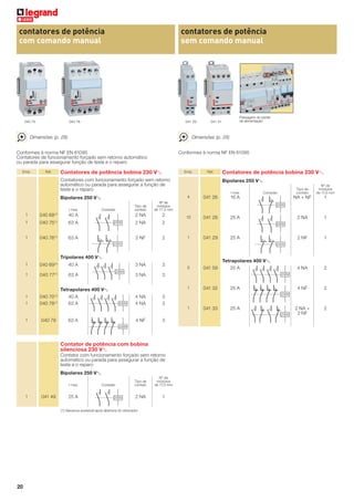 contatores de potência
com comando manual

040 75

contatores de potência
sem comando manual

040 78

041 29

Dimensões (p. 28)

Dimensões (p. 28)

Conformes à norma NF EN 61095
Contatores de funcionamento forçado sem retorno automático
ou parada para assegurar função de teste e o reparo
Emb.

Conformes à norma NF EN 61095

Contatores de potência bobina 230 VA

Ref.

Passagem do pente
de alimentação

041 31

Emb.

Ref.

Contatores com funcionamento forçado sem retorno
automático ou parada para assegurar a função de
teste e o reparo

I max

1

040 68 (1)
040 75

(1)

040 76 (1)

I max

2 NA

2

10

041 28

40 A

1

040 77(1)

63 A

1

(1)

1

1

040 70
040 78 (1)

3

3 NA

041 29

230V

2 NF

4 NA
4 NA

041 59

041 32

25 A

63 A

3
3

4 NF

3

230V

Contator de potência com bobina
silenciosa 230 VA
Contator com funcionamento forçado sem retorno
automático ou parada para assegurar a função de
teste e o reparo
Bipolares 250 VA
I max

1

041 49

25 A

Conexão

230V

Tipo de
contato

Nº de
módulos
de 17,5 mm

2 NA

1

(1) Alavanca acessível após abertura do obturador

20

2

2 NA +
2 NF

2

230V

041 33

25 A
230V

040 79

2

4 NF

Tetrapolares 400 VA
25 A
230V

1
1

1

4 NA

25 A

3

5

1

Tetrapolares 400 VA
40 A
63 A

1

230V

3 NA
230V

2 NA

25 A
230V

Tripolares 400 VA
040 69 (1)

1

230V

230V

1

Nº de
módulos
de 17,5 mm

NA + NF

16 A

2

2 NF

63 A

230V

2

041 26

Tipo de
contato

Conexão

Nª de
módulos
de 17,5 mm

2 NA

63 A

1

Tipo de
contato

Conexão

40 A

1

Bipolares 250 VA

4

Bipolares 250 VA

Contatores de potência bobina 230 VA

 