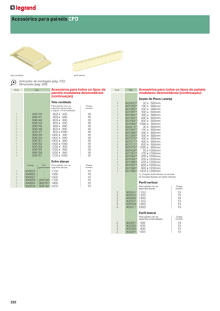 Acessórios para painéis CPD

teto ventilado

perﬁl lateral

Instruções de montagem (pág. 230)
Dimensões (pág. 226)
Emb.

Ref.

Acessórios para todos os tipos de
painéis modulares desmontáveis
(continuação)
Teto ventilado
Para painéis com as
seguintes dimensões
(Largura x Profundidade):

1
1
1
1
1
1
1
1
1
1
1
1
1
1
1

906740
906741
906742
906744
906745
906746
906747
906749
906750
906751
906752
906754
906755
906756
906757

600 x 400
600 x 600
600 x 800
800 x 400
800 x 600
800 x 800
800 x 1000
1000 x 400
1000 x 600
1000 x 800
1000 x 1000
1200 x 400
1200 x 600
1200 x 800
1200 x 1000

Chapa
número

18
18
18
18
18
18
18
18
18
18
18
18
18
18
18

Entre placas
Laranja

1
1
1
1
1
1

905623
905625
905627
905629
905631
905633

PréPara painéis com as
galvanizada seguintes alturas:

906780
906781
906782

1100
1300
1500
1700
1900
2200

Chapa
número

13
13
13
13
13
13

Emb.

1
1
1
1
1
1
1
1
1
1
1
1
1
1
1
1
1
1
1
1
1
1
1
1

Ref.

Acessórios para todos os tipos de painéis
modulares desmontáveis (continuação)

Seção de Placa Laranja
905402(2)
30 x 600mm
907059(1) 100 x 600mm
(1)
907060
200 x 600mm
907061(1) 300 x 600mm
(1)
907062
400 x 600mm
907063(1) 600 x 600mm
(1)
907064
800 x 600mm
907065(1) 1000 x 600mm
(2)
905414
30 x 800mm
907067(1) 100 x 800mm
(1)
907068
200 x 800mm
907069(1) 300 x 800mm
(1)
907070
400 x 800mm
907071(1) 600 x 800mm
(1)
907072
800 x 800mm
907073(1) 1000 x 800mm
(2)
905428
30 x 1200mm
907083(1) 100 x 1200mm
(1)
907084
200 x 1200mm
907085(1) 300 x 1200mm
(1)
907086
400 x 1200mm
907087(1) 600 x 1200mm
(1)
907088
800 x 1200mm
907089(1) 1000 x 1200mm
(1) Fixação perﬁs laterais ou verticais
(2) Somente ﬁxação em perﬁs verticais.

Perﬁl vertical
Para painéis com as
seguintes alturas:

2
2
2
2
2
2

905501
905503
905505
905507
905509
905511

1100
1300
1500
1700
1900
2200

Chapa
número

13
13
13
13
13
13

Perﬁl lateral
Para painéis com as
seguintes profundidades:

2
2
2
2

222

905281 400
905283 600
905285 800
905287 1000

Chapa
número

13
13
13
13

 