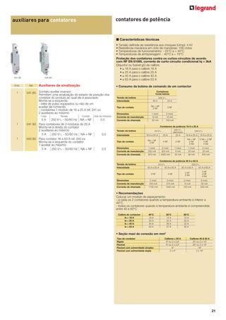 contatores de potência

auxiliares para contatores

■ Características técnicas

041 85

Emb.

1

040 85

Ref.

Auxiliares de sinalização

1

• Consumo da bobina de comando de um contactor

041 85 Contato auxiliar inversor
Permitem uma sinalização do estado de posição dos
contatos do produto ao qual ele é associado
Monta-se a esquerda:
- relés de pulso equipados ou não de um
auxiliar de comando
- contatores 1 modulo de 16 a 25 A ref. 041 xx
2 auxiliares ao máximo
I max

1

• Tensão definida de resistência aos choques (Uimp): 4 kV
• Resistência mecânica em ciclo de manobras: 106 ciclos
• Temperaturas de funcionamento: - 25°C a + 40°C
• Temperaturas de armazenagem: - 40°C a + 70°C
Proteção dos contatores contra os curtos-circuitos de acordo
com NF EN 61095, corrente de curto-circuito condicional Iq = 3kA
Disjuntor ou fusível gG de calibre:
• ≤ 16 A para o calibre 16 A
• ≤ 25 A para o calibre 25 A
• ≤ 40 A para o calibre 40 A
• ≤ 63 A para o calibre 63 A

Tensão

Contato

5A
250 VA - 50/60 Hz NA + NF
041 83 Para contatores de 2 módulos de 25 A
Monta-se à direita do contator
2 auxiliares ao máximo
5A
250 VA - 50/60 Hz NA + NF
040 85 Para contator 16 a 63 A ref. 040 xx
Monta-se a esquerda do contator
1 auxiliar ao máximo
5A
250 VA - 50/60 Hz NA + NF

Qde de módulos

0,5

Contatores
horas baixas
Tensão da bobina
Intensidade
Tipo de contato
Dimensões
Corrente de manutenção
Corrente de chamada

Tensão da bobina

0,5

Intensidade

230 VA
25 A

25 A

NA + NF
2 NF

3 NF

1 mod.
6 mA
55 mA

2 mod.
15 mA
150 mA

Contatores de potência 16 A e 25 A
230 VA
230 VA
silencioso
16 A e 25 A
25 A
25 A
16 A e 25 A 16 A e 25 A
24 VA

Tipo de contato

0,5

NA + NF
2 NF

4 NF

2 NF

NA + NF
2 NF
2 NA

2 NA + 2 NF
4 NF
4 NA

Dimensões
Corrente de manutenção
Corrente de chamada

1 mod.
200 mA
970 mA

2 mod.
300 mA
3000 mA

1 mod.
6 mA
55 mA

1 mod.
20 mA
90 mA

2 mod.
20 mA
200 mA

Tensão da bobina
Intensidade

24 VA
40 A e 63 A
40 A e 63 A

Contatores de potência 40 A e 63 A

Tipo de contato
Dimensões
Corrente de manutenção
Corrente de chamada

230 VA
40 A e 63 A
40 A e 63 A

2 NF

4 NF

2 NF
2 NA

3 NF
4 NF
4 NA

2 mod.
250 mA
1750 mA

3 mod.
270 mA
1500 mA

2 mod.
15 mA
150 mA

3 mod.
30 mA
200 mA

• Recomendações
Colocar um modulo de espaçamento:
- a cada os 2 contatores quando a temperatura ambiente é inferior a
40°C
- todos os contatores quando a temperatura ambiente é compreendida
entre 40 e 60°C
Calibre do contactor
Ie = 16 A
Ie = 25 A
Ie = 40 A
Ie = 63 A

40°C
16 A
25 A
40 A
63 A

50°C
14 A
22 A
36 A
57 A

60°C
12 A
20 A
32 A
50 A

• Seção maxi de conexão em mm2
Tipo de condutor
Rígido
Flexível
Flexível com extremidade simples
Flexível com extremidade dupla

Calibres ≤ 25 A
62 ou 2 x 2,52
62 ou 2 x 2,52
62
2 x 42

Calibres 40 & 63 A
252 ou 2 x 102
252 ou 2 x 102
162
2 x 162

21

 