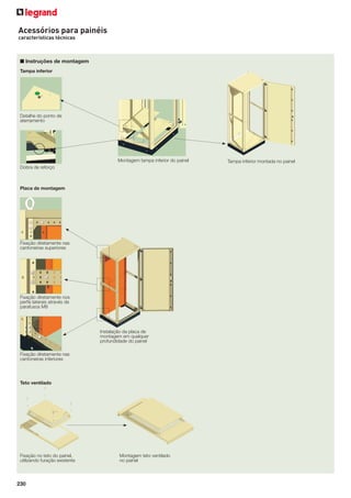 Acessórios para painéis
características técnicas

■ Instruções de montagem
Tampa inferior

Detalhe do ponto de
aterramento

Montagem tampa inferior do painel
Dobra de reforço

Placa de montagem

Fixação diretamente nas
cantoneiras superiores

Fixação diretamente nos
perﬁs laterais através de
parafusos M8

Instalação da placa de
montagem em qualquer
profundidade do painel
Fixação diretamente nas
cantoneiras inferiores

Teto ventilado

Fixação no teto do painel,
utilizando furação existente

230

Montagem teto ventilado
no painel

Tampa inferior montada no painel

 