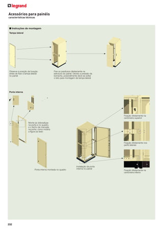 Acessórios para painéis
características técnicas

■ Instruções de montagem
Tampa lateral

Observe a posição da furação
antes de ﬁxar a tampa lateral
no painel

Fixe os parafusos diretamente na
estrutura do painel. Devido a pressão da
borracha, possivelmente deve-se soltar
o teto para montagem da tampa lateral

Porta interna

Fixação diretamente na
cantoneira superior
Monte as dobradiças
na porta e no quadro,
e o fecho de manopla
na porta, como mostra
a ﬁgura ao lado

Fixação diretamente nos
perﬁs laterais

Porta interna montada no quadro

232

Instalação da porta
interna no painel

Fixação diretamente na
cantoneira inferior

 