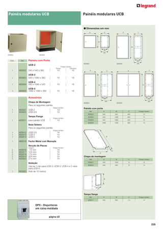 Painéis modulares UCB

Painéis modulares UCB

■ Dimensões em mm

905902

Emb.

905902

Ref.

Painéis com Porta
905902

905903

905904

UCB-2

905905

Chapa número
Tampa
Estrutura

1

905902 540 x 540 x 360

14

16

1

UCB-3
905903 540 x 1080 x 360

14

16

1

UCB-4
905904 540 x 1080 x 520

14

16

1

UCB-5
905905 1080 x 1080 x 360

14

16

Acessórios
Chapa de Montagem
Para os seguintes painéis:
Chapa número

1
1

905921 UCB 2
905922 UCB 3/4

13
14

Painéis com porta

Chapa número

1

905911 para painéis UCB

14

A

B

C

Chapa número

540

540

360

14

905903

540

1080

360

14

905904

540

1080

520

14

905905

Tampa Flange

Ref.
905902

1080

1080

360

14

Chapa número

Base Soleira
Para os seguintes painéis:
Chapa número

1
1
1

905912 UCB 2/3
905913 UCB 4
905914 UCB 5

14
14
14

1

989516 Fecho Metal com Manopla
Secção de Placas
Largura

2
2
2
2
2

1

905916
905917
905918
905919
905920

Chapa número

74 mm
124 mm
174 mm
224 mm
274 mm

14
14
14
14
14

Vedação
Usa-se 1 rolo para UCB-2, UCB-3, UCB-4 e 2 rolos
para UCB-5.
905925 Rolo de 10 metros

Chapa de montagem
Ref.

A

B

C

905921

450

1000

10

13

905922

450

450

10

14

Tampa ﬂange
Ref.

A

B

C

Chapa número

905911

300

500

1,9

14

DPX - Disjuntores
em caixa moldada
página 40
235

 