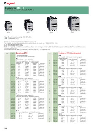 Contatores CTX – 1
contatores industriais tripolares de 9 a 105 A

293 04

293 74

294 04

294 34

Características técnicas (p. 253, 254 e 255)
Dimensões (p. 261)
Contatores tripolares equipados com bobina de comando
Terminais de parafuso protegidos contra contato acidental de acordo com VDE 0106 T.100. VBG4
IP 20 para modelos de 9 a 18 A
IP 10 para modelos de 25 a 105 A
Pode ser encaixado com blocos de contatos auxiliares com montagem frontal ou lateral: até 4 blocos para modelos de 9 a 40 A e até 6 blocos para
modelos de 50 a 105 A
Conforme os padrões NBR IEC/EN 60947-1, IEC/EN 60947-4-1, IEC/EN 60947-5-1
Emb.

Ref.

Contatores CTX-1

Emb.

Contatores tripolares
Circuito de comando 50/60 Hz AC
9A
Com contato auxiliar integrado
Terminais de potência: terminais parafuso
Corrente máx. de
operação AC 3

1
1
1
1
1
1
1
1

293 00
293 02
293 04
293 05
293 10
293 12
293 14
293 15

1
1
1
1
1
1
1
1

293 20
293 22
293 24
293 25
293 30
293 32
293 34
293 35

1
1
1
1
1
1
1
1

293 50
293 52
293 54
293 55
293 60
293 62
293 64
293 65

1
1
1
1

293 70
293 72
293 74
293 75

248

Tensão de
comando

Contato auxiliar
integrado

Ref.

Contatores CTX-1 (continuação)
32 A
Terminais de potência: terminais tipo gaiola
Corrente máxima de
operação AC 3

Dimensões

9A
1 NA
Tamanho 1
24 VA
9A
1 NA
Tamanho 1
110 VA
9A
1 NA
Tamanho 1
230 VA
9A
1 NA
Tamanho 1
400 VA
9A
1 NF
Tamanho 1
24 VA
9A
1 NF
Tamanho 1
110 VA
9A
1 NF
Tamanho 1
230 VA
9A
1 NF
Tamanho 1
400 VA
12 A
Com contato auxiliar integrado
Terminais de potência: terminais parafuso
12 A
1 NA
Tamanho 1
24 VA
12 A
1 NA
Tamanho 1
110 VA
12 A
1 NA
Tamanho 1
230 VA
12 A
1 NA
Tamanho 1
400 VA
12 A
1 NF
Tamanho 1
24 VA
12 A
1 NF
Tamanho 1
110 VA
12 A
1 NF
Tamanho 1
230 VA
12 A
1 NF
Tamanho 1
400 VA
18 A
Com contato auxiliar integrados
Terminais de potência: terminais parafuso
18 A
1 NA
Tamanho 1
24 VA
18 A
1 NA
Tamanho 1
110 VA
18 A
1 NA
Tamanho 1
230 VA
18 A
1 NA
Tamanho 1
400 VA
18 A
1 NF
Tamanho 1
24 VA
18 A
1 NF
Tamanho 1
110 VA
18 A
1 NF
Tamanho 1
230 VA
18 A
1 NF
Tamanho 1
400 VA
25 A
Terminais de potência: terminais tipo gaiola
25 A
Tamanho 2
24 VA
25 A
Tamanho 2
110 VA
25 A
Tamanho 2
230 VA
25 A
Tamanho 2
400 VA

1
1
1
1

293 80
293 82
293 84
293 85

1
1
1
1

293 90
293 92
293 94
293 95

1
1
1
1

294 00
294 02
294 04
294 05

1
1
1
1

294 10
294 12
294 14
294 15

1
1
1
1

294 20
294 22
294 24
294 25

1
1
1
1

294 30
294 32
294 34
294 35

1
1
1
1

294 40
294 42
294 44
294 45

Tensão de comando

Dimensões

32 A
32 A
32 A
32 A

24 VA
110 VA
230 VA
400 VA

Tamanho 2
Tamanho 2
Tamanho 2
Tamanho 2

40 A
Terminais de potência: terminais tipo gaiola
40 A
Tamanho 3
24 VA
40 A
Tamanho 3
110 VA
40 A
Tamanho 3
230 VA
40 A
Tamanho 3
400 VA
50 A
Terminais de potência: terminais tipo gaiola
50 A
Tamanho 4
24 VA
50 A
Tamanho 4
110 VA
50 A
Tamanho 4
230 VA
50 A
Tamanho 4
400 VA
65 A
Terminais de potência: terminais tipo gaiola
65 A
Tamanho 4
24 VA
65 A
Tamanho 4
110 VA
65 A
Tamanho 4
230 VA
65 A
Tamanho 4
400 VA
80 A
Terminais de potência: terminais tipo gaiola
80 A
Tamanho 4
24 VA
80 A
Tamanho 4
110 VA
80 A
Tamanho 4
230 VA
80 A
Tamanho 4
400 VA
95 A
Terminais de potência: terminais tipo gaiola
95 A
Tamanho 5
24 VA
95 A
Tamanho 5
110 VA
95 A
Tamanho 5
230 VA
95 A
Tamanho 5
400 VA
105 A
Terminais de potência: terminais tipo gaiola
105 A
Tamanho 5
24 VA
105 A
Tamanho 5
110 VA
105 A
Tamanho 5
230 VA
105 A
Tamanho 5
400 VA

 