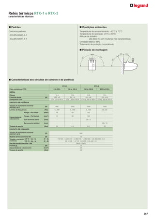 Relés térmicos RTX-1 e RTX-2
características técnicas

■ Padrões

■ Condições ambientes

Conforme padrões:

Temperatura de armazenamento: -40°C a 70°C
Temperatura de operação -25°C a 60°C
Altitude de trabalho
até 3000 m: sem mudança nas características
Umidade relativa: 98%
Tratamento de proteção: tropicalizado

- IEC/EN 60947-4-1
- IEC/EN 60947-5-1

■ Posição de montagem
-30°

+30°

+9

-90

°

-9
0°

0°

■ Caracterísiticas dos circuitos de controle e de potência
RTX-1
Para contatores CTX:

RTX-2

9 to 40 A

50 to 105 A

150 to 185 A

205 to 310 A

10 A
0.65...40
CTX 1, 9 to 40 A

10 A
24...110
CTX 1, 50 to 105 A

10 A
63...190
CTX 2, 150 to 185 A

10 A
120...400
CTX 2, 205 to 310 A

GERAL
Classe
Faixa de ajuste
Compatível com

(A)

CIRCUITO DE POTÊNCIA
Tensão de isolamento nominal
(IEC 947-4) U
Limites de frequência

(V)

690

1000

1000

1000

(Hz)

0...400

0...400

0...400

50...60

Flange – Fio sólido

16

50

120

-

Flange – Fio flexível

(mm 2 )

10

50

120

-

Com terminal plano

(mm)

-

-

25 x 5

-

Barramento (sólido)

Capacidade de
cabeamento

(mm 2 )

(mm)

-

-

-

30 x 10

(Nm)

2.5

4.5

6.5

23

Torque de aperto
CIRCUITO DE COMANDO
Tensão de isolamento nominal
(IEC 947-4) Ui
Medida térmica nominal Ith
Tensão e corrente CA-15 – Ue – Ie
nominais
CC-13 – Ue – Ie
Uso de acordo com UI e CSA
Fusível gL
Capacidade de cabeamento
Torque de aperto

(V)

690

(A)
(V - A)
(V - A)

10
110/120 - 3; 220/240 - 2; 380/415 - 1; 480/500 - 0.8; 660/690 - 0.3
24 - 2; 48 - 1.4; 110 - 0.6; 250 - 0.3; 440 - 0.1
B600 - Q600
10
2.5
0.8

(A)
(mm 2 )
(Nm)

257

 